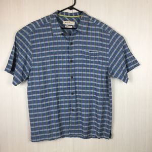 TOMMY BAHAMA Men Blue Plaid Button Up Short Sleeve Silk Shirt Size XL TG